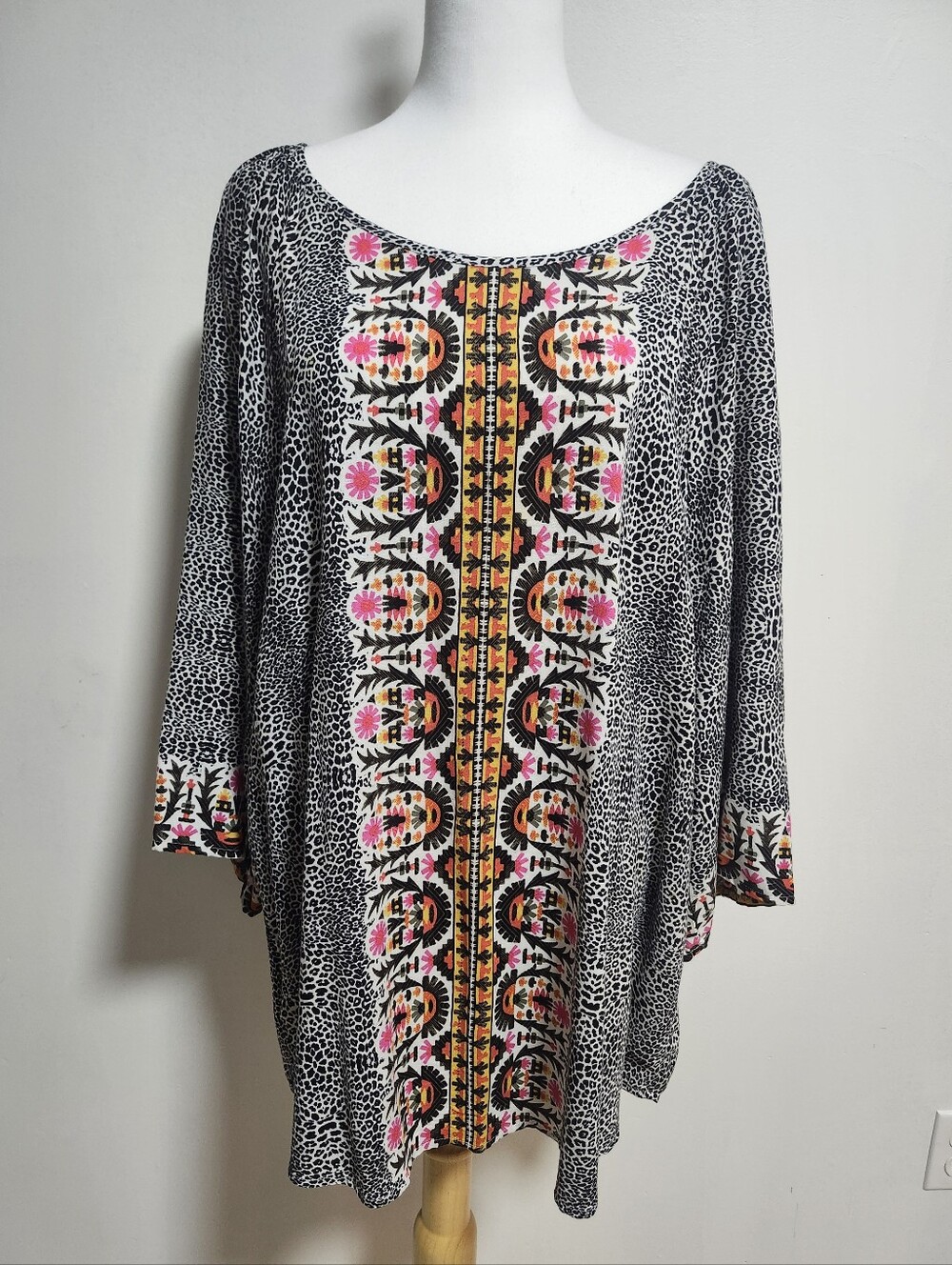 Black Leopard-Print Tunic with Pink & Yellow Printed Trim By Style & Co